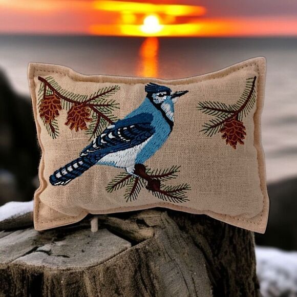 Embroidered Blue Jay MINI Pillow Sachet Farmhouse Cottage Bird Country Cabin - Picture 10 of 15
